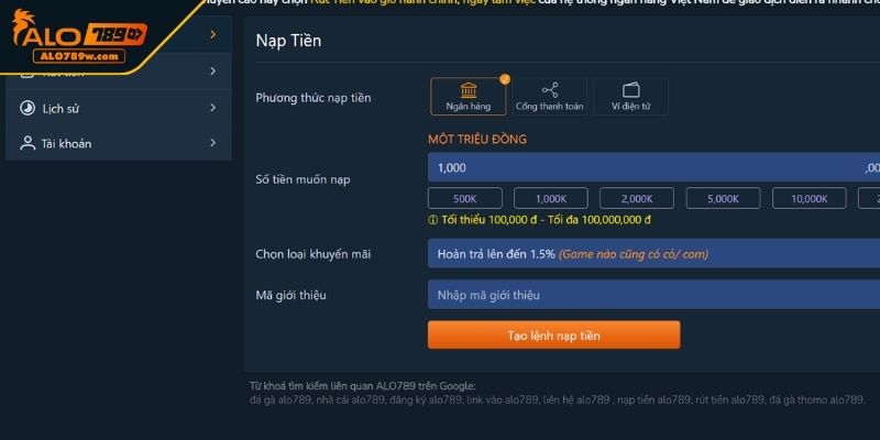 Những lưu ý quan trọng khi nạp tiền ALO789