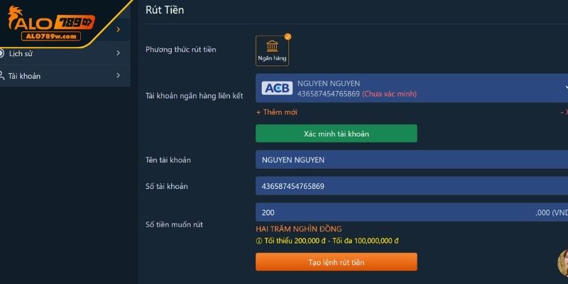 Hướng dẫn rút tiền ALO789 qua Internet Banking